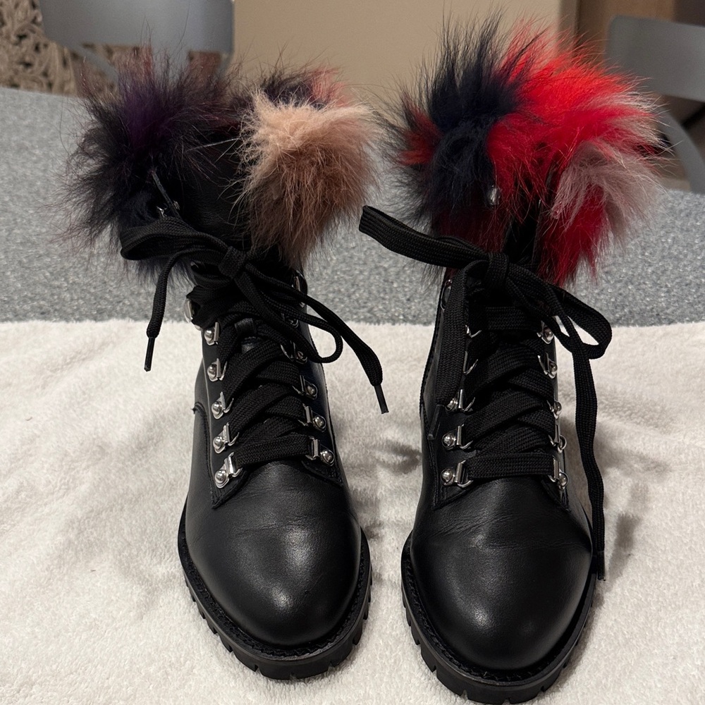 Rebecca Minkoff Black Ankle Boots with Multicolor Fox Fur. Size 7.5